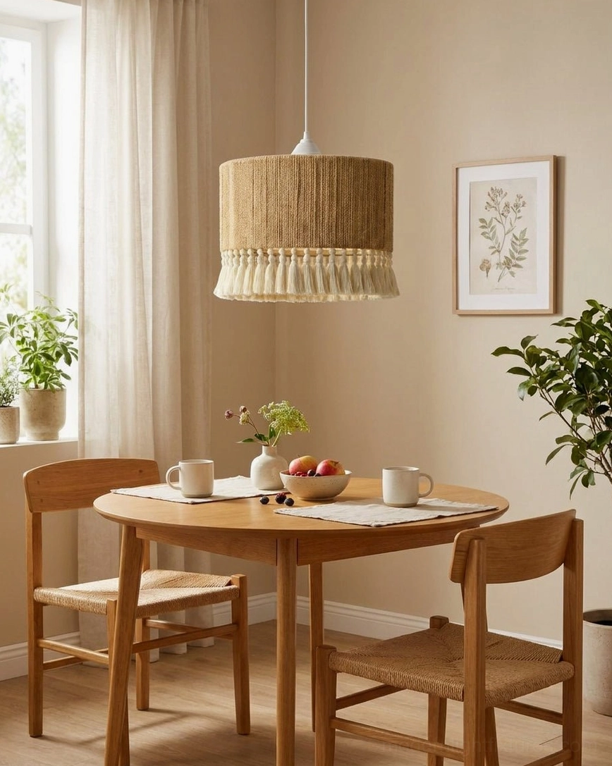 Woven cotton cord pendant light suspended above small wooden dining table in minimalist boho dining nook