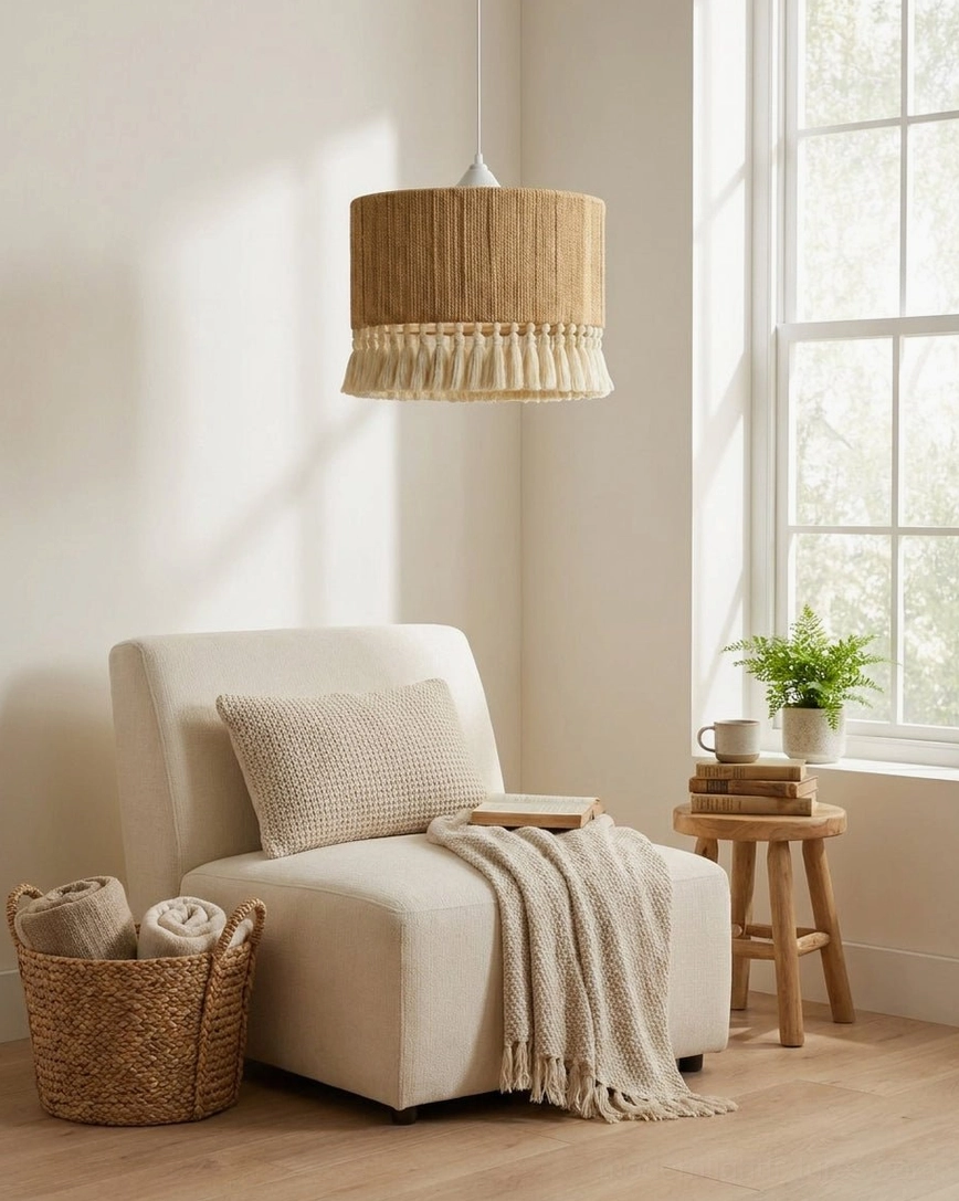 Cotton tassel pendant light in reading lounge with beige decor and soft neutral interior