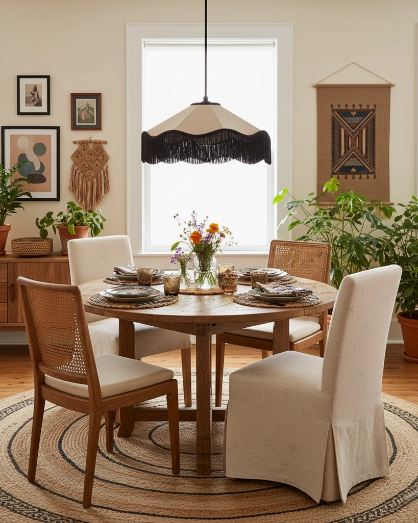 Fringe pendant light suspended over cozy boho dining room with round wooden table and woven area rug