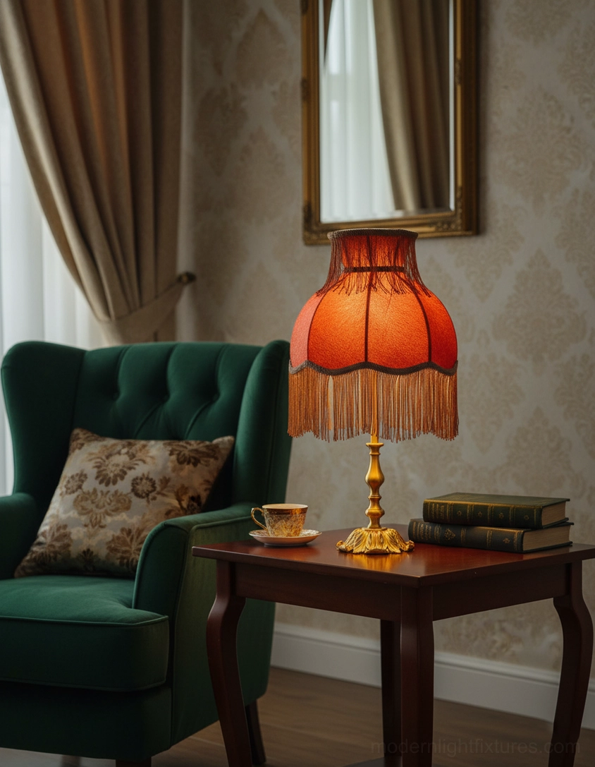 Luxury brass tassel table lamp with velvet fringe shade architectural detail shot