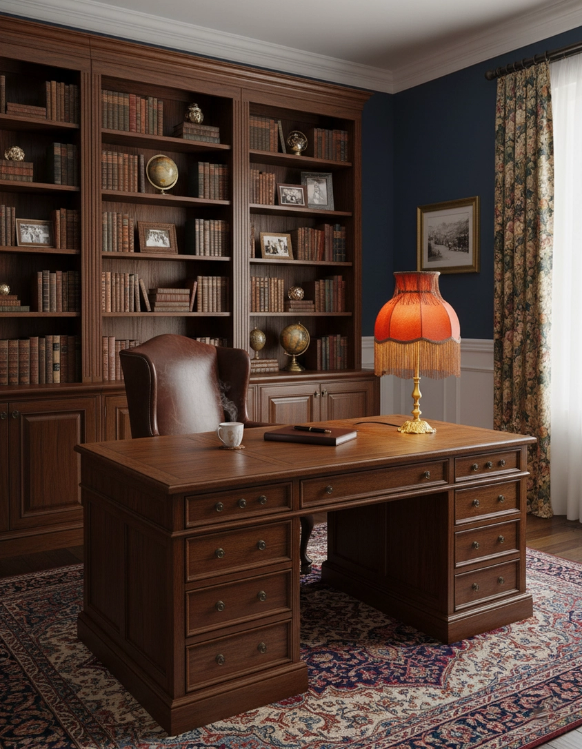 Handcrafted tassel table lamp with orange velvet shade in vintage home office ambiance