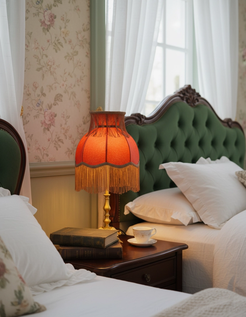 Handmade tassel table lamp with intricate fringe and velvet shade materials showcase