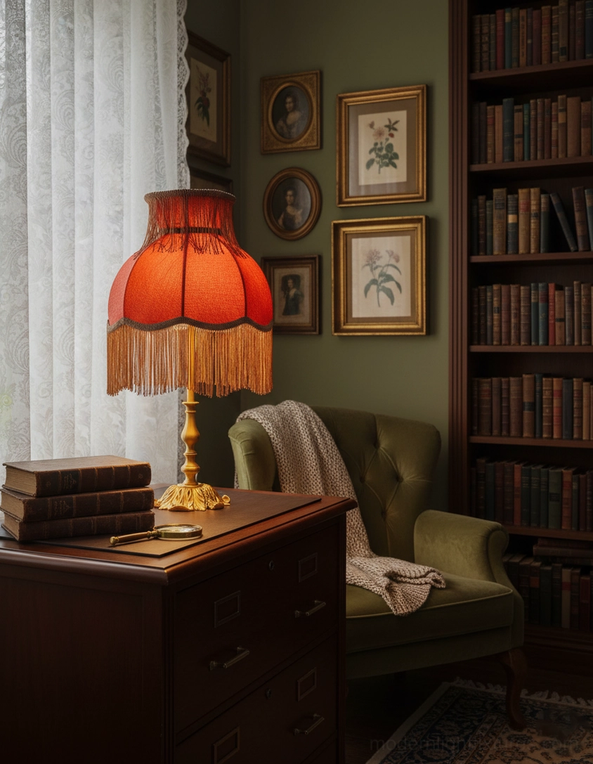 Artisanal tassel table lamp with orange fringe shade positioned on wooden side table with books
