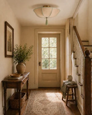 Tasselle fabric ceiling light fixture installed in rustic farmhouse staircase entryway with warm lighting