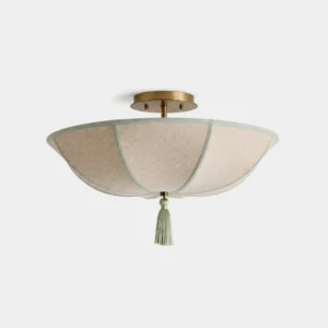 Tasselle scalloped fabric semi-flush ceiling light with mint green trim and brass base tassel pendant - front studio view