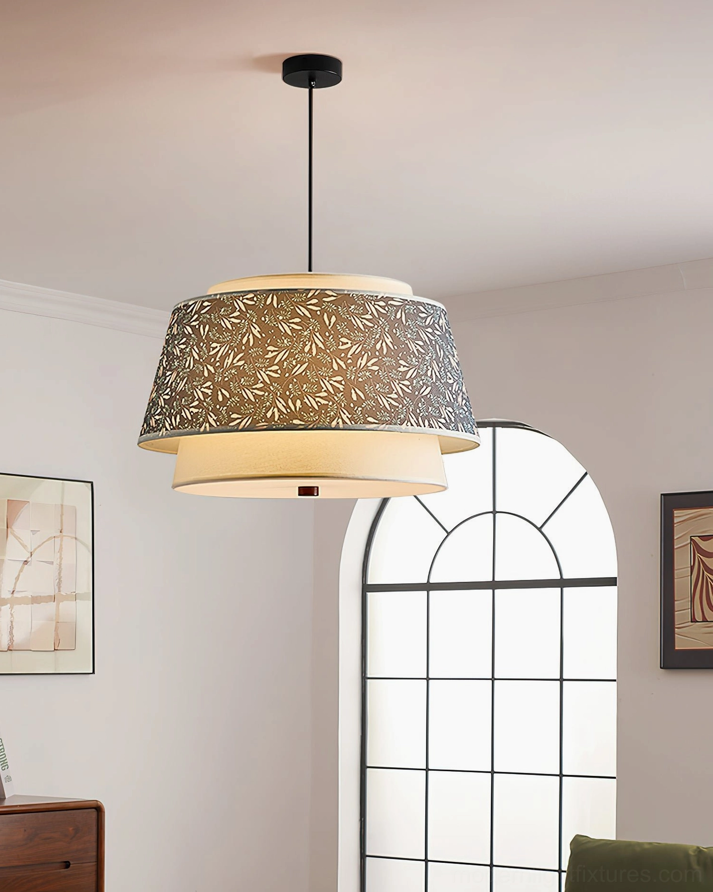 Taupe botanical tiered pendant lamp in Nordic living room with arched window contemporary space