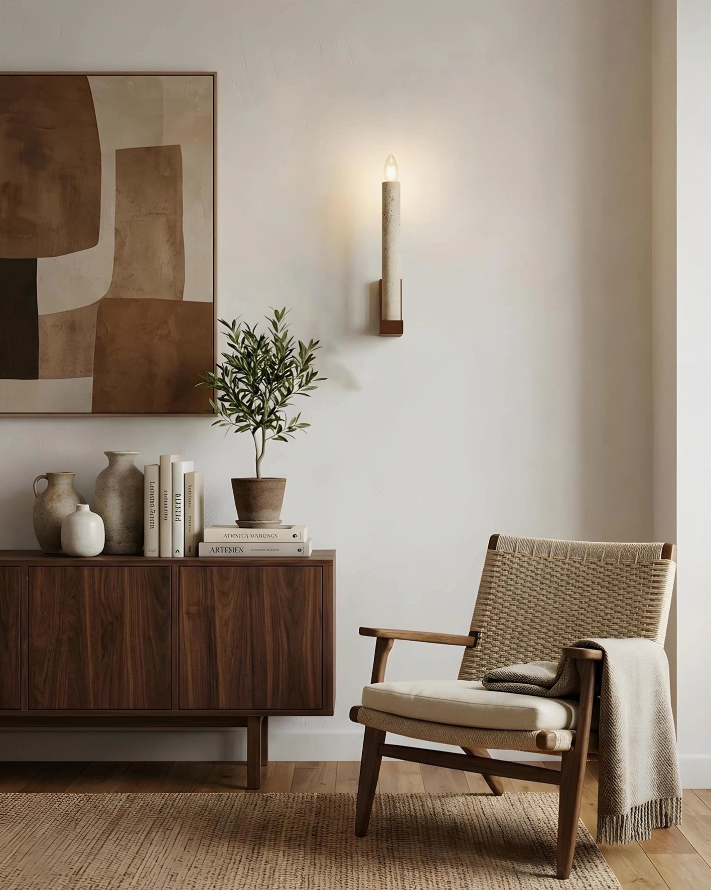 Tavero wall sconce in contemporary lounge with abstract wall art, dark wooden console and woven accent chair