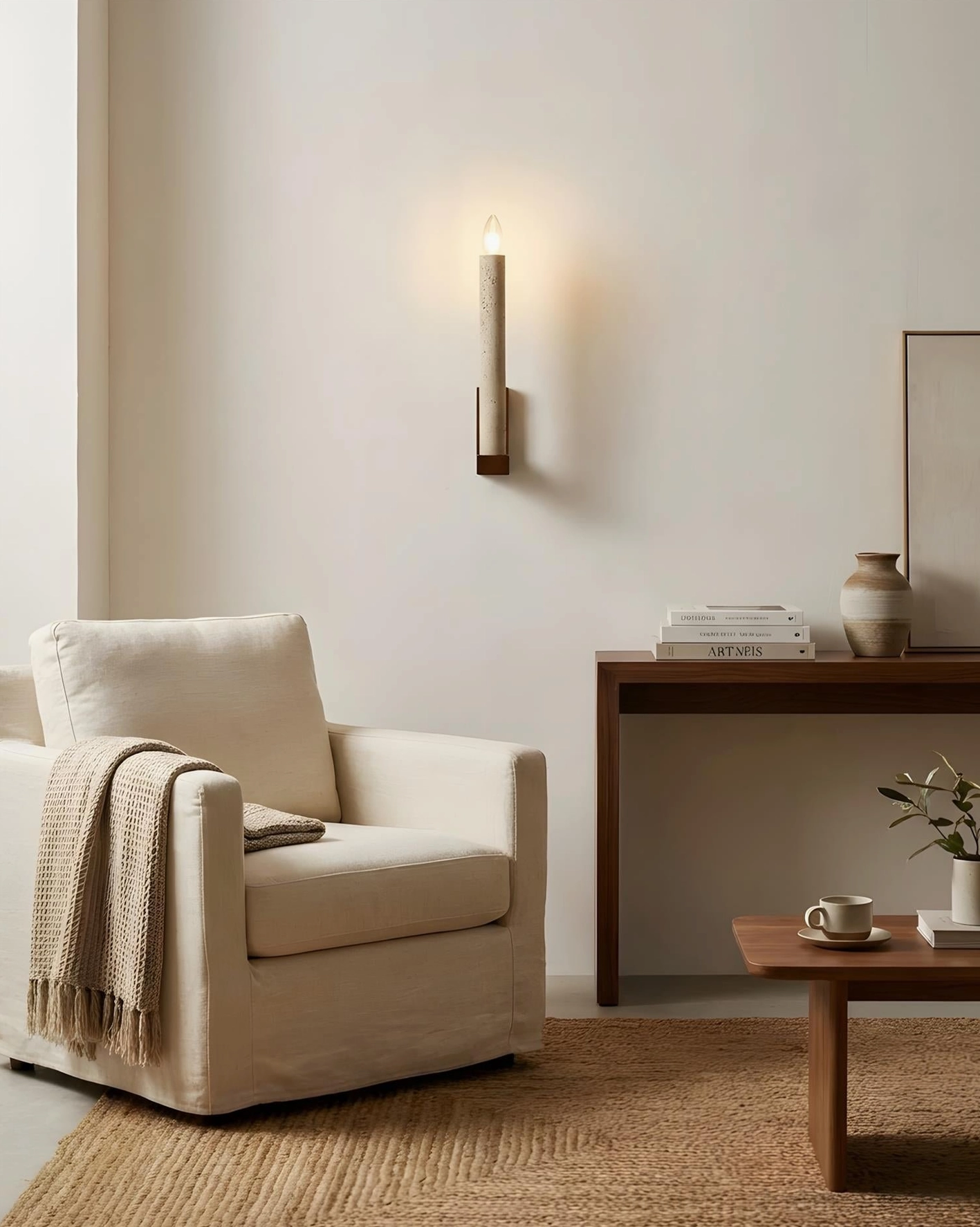 Tavero minimalist wall sconce in neutral entryway with wooden console table and subtle lighting