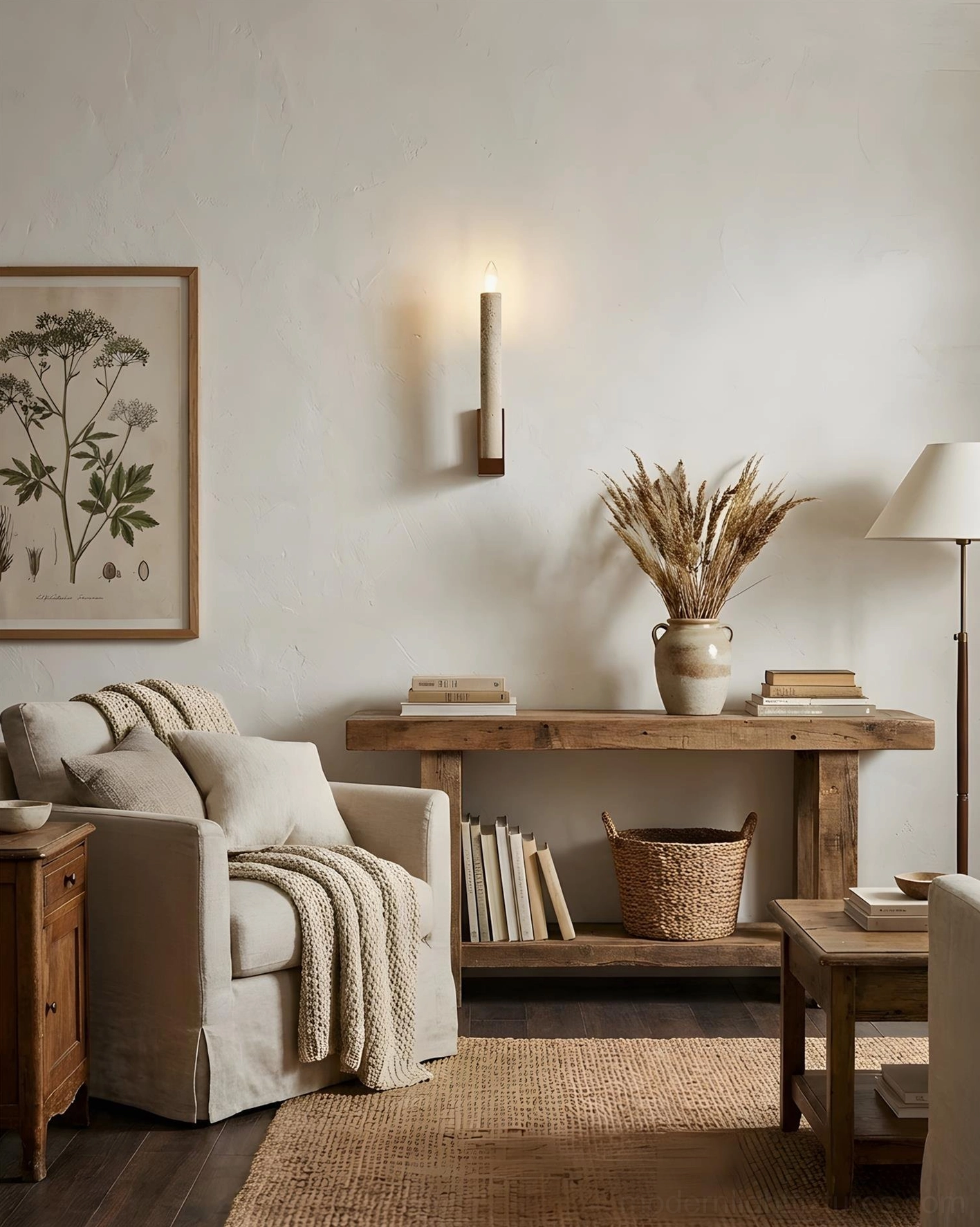 Tavero wall sconce in living room with botanical wall art, wooden shelf and knit throw blanket
