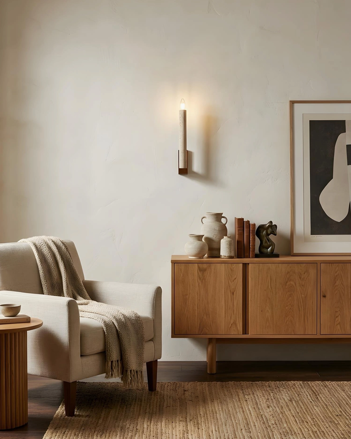 Tavero wall sconce installed in mid-century modern lounge with wooden sideboard and vintage armchair