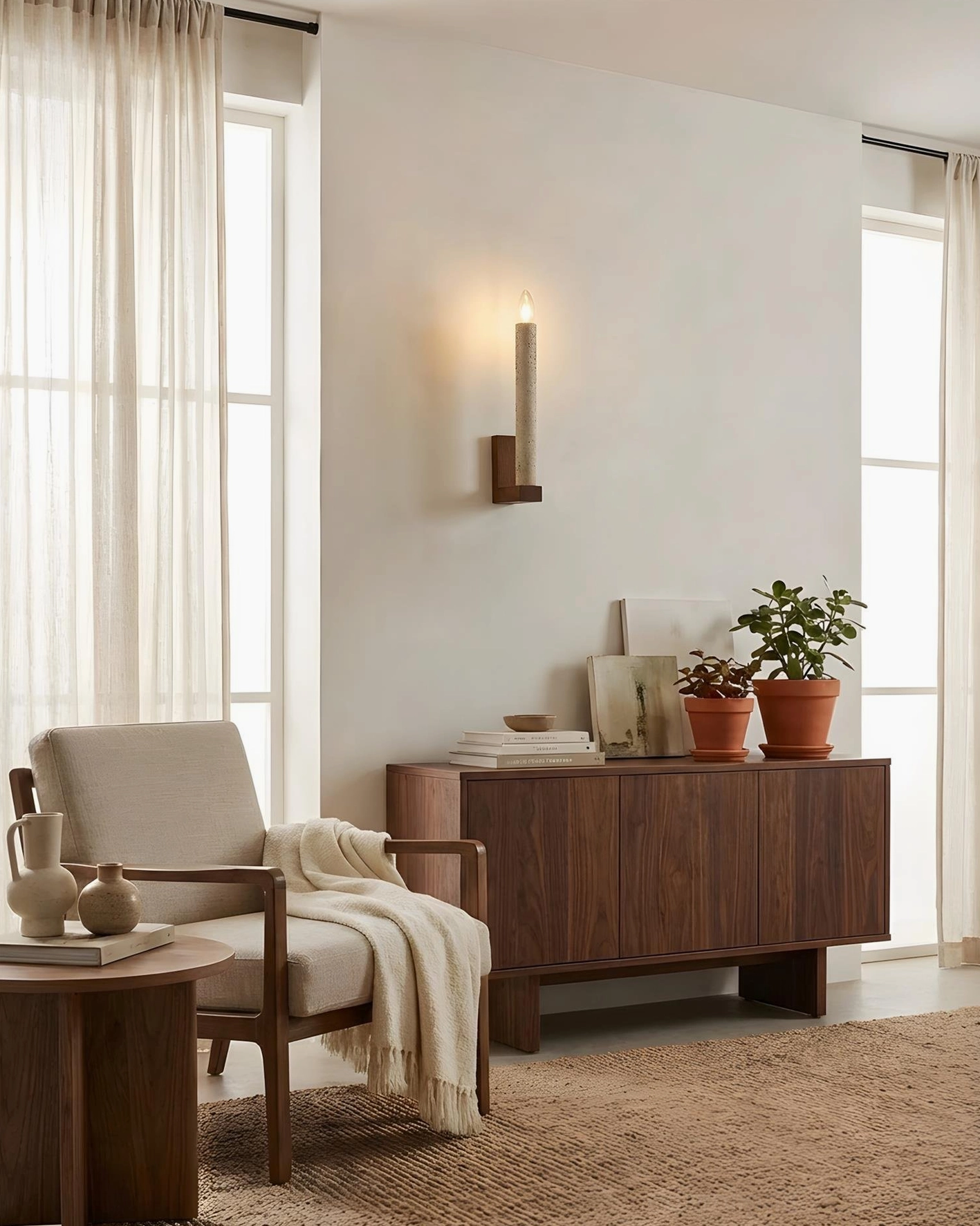Tavero wall sconce in bright sunlit room with wooden sideboard, potted plants and linen armchair