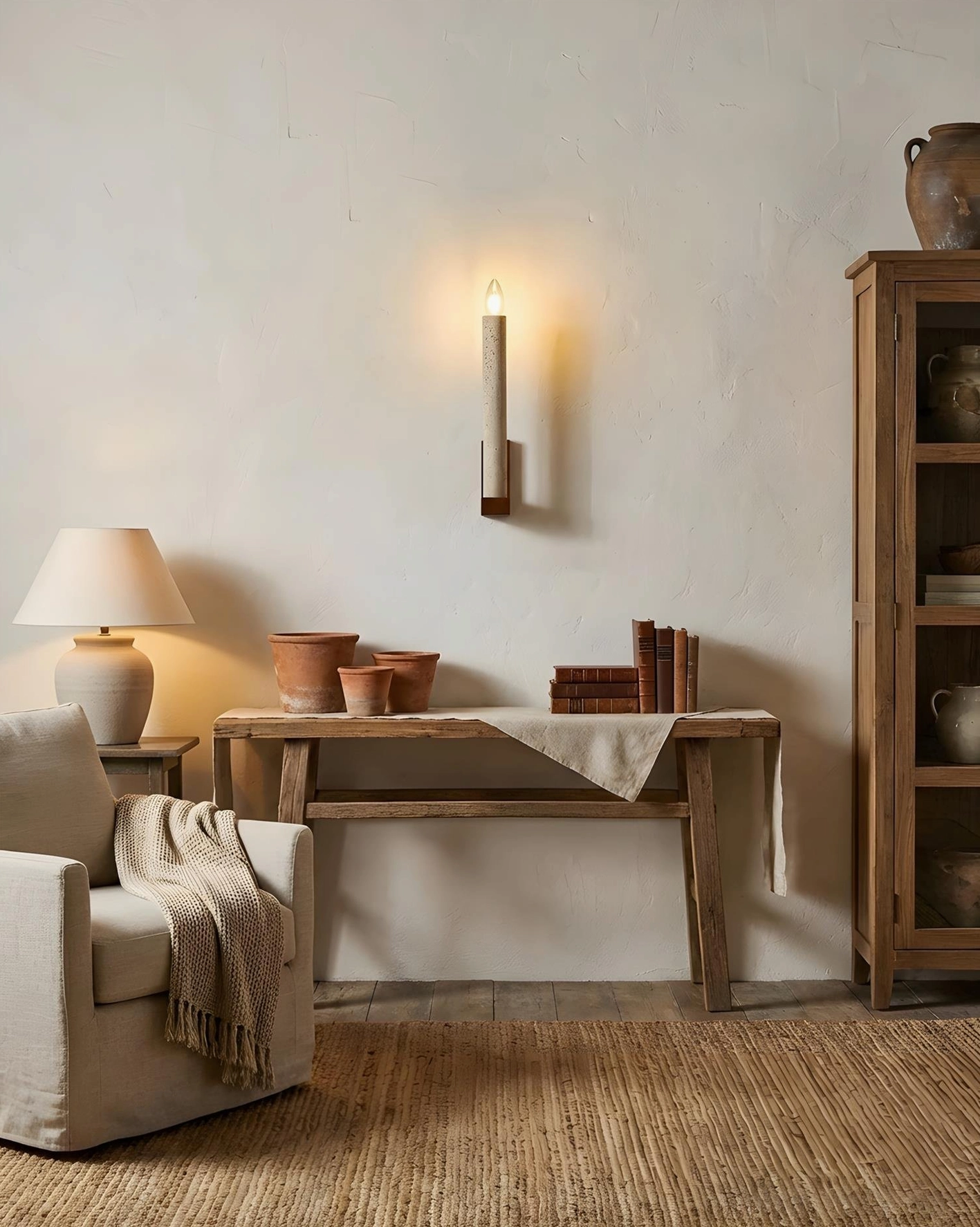 Tavero travertine wall sconce architectural detail with warm stone texture and minimalist craftsmanship
