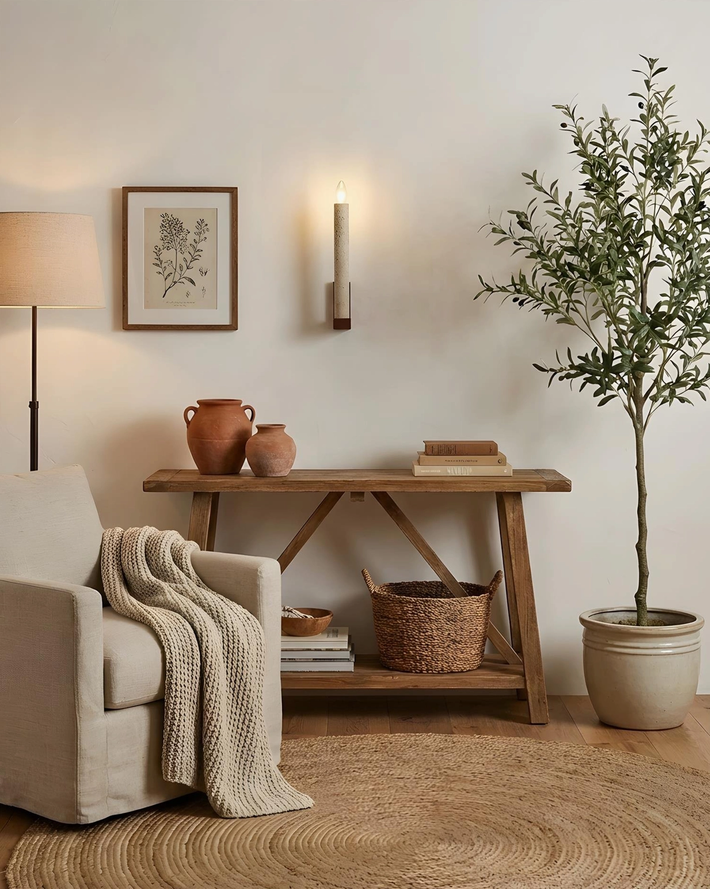 Pair of Tavero wall sconces in bohemian living room with linen sofa, wooden console and olive tree