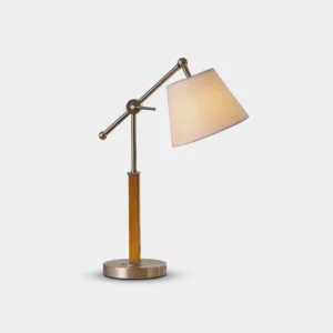 Tavian mid-century modern adjustable swing arm table lamp with brushed metal and walnut wood, front view on white background