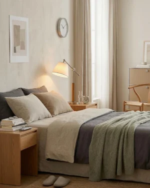 Tavian bedside table lamp providing warm ambient lighting in cozy master bedroom with wooden nightstand