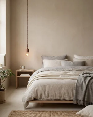 Tavik pendant light in bedroom with warm ambient glow above bedside, eye-level interior view