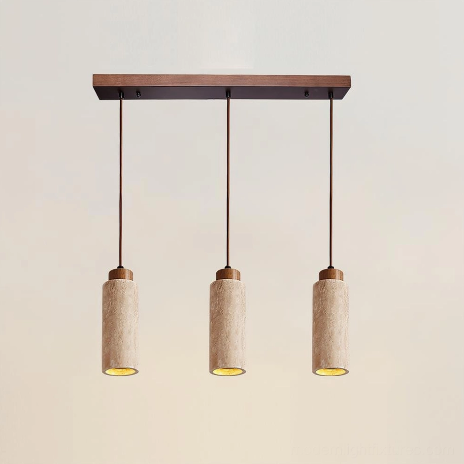 Tavolo beige linear three head travertine pendant light 60cm long dining installation