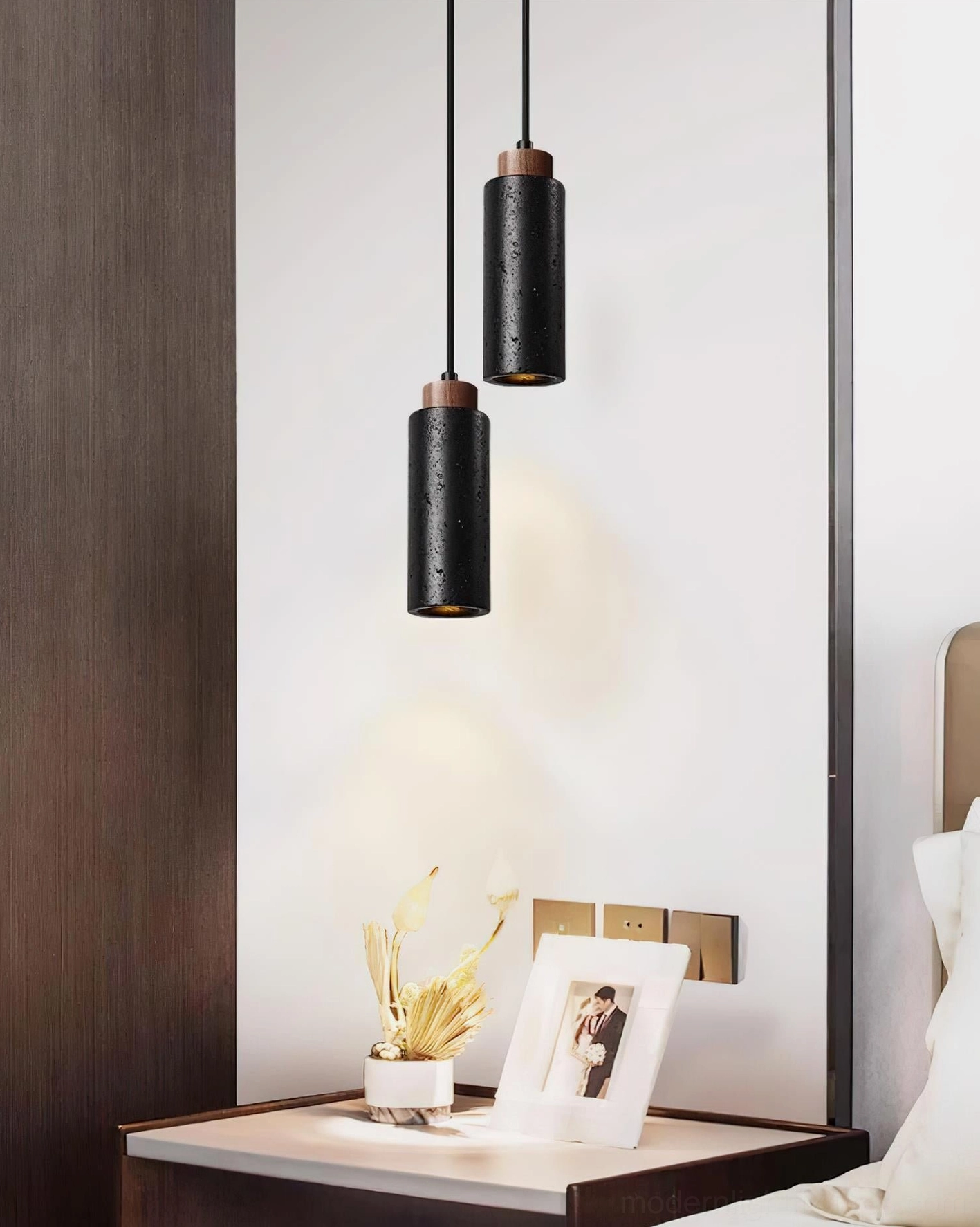 Tavolo black cylindrical pendant light modern rustic bedroom interior wall installation