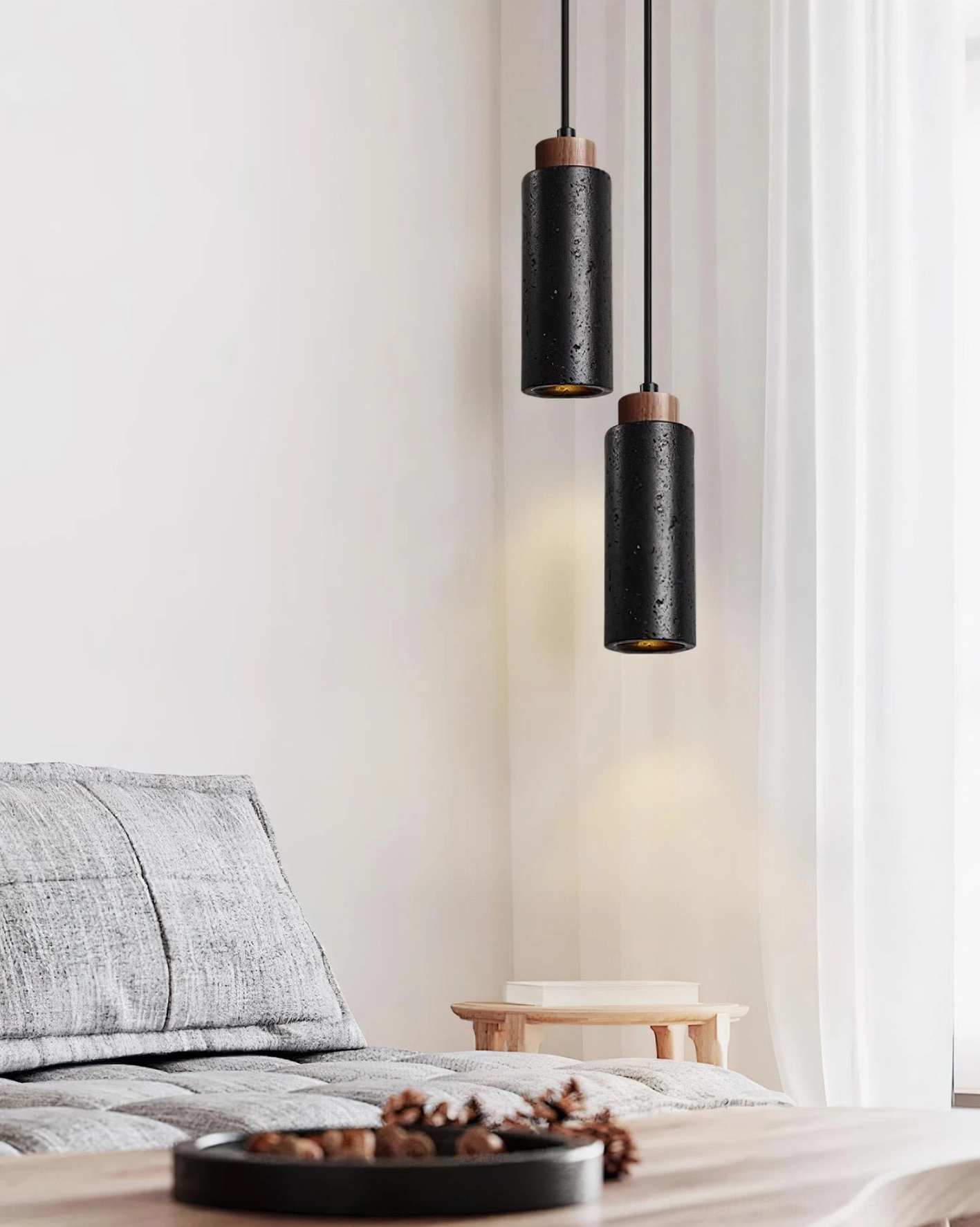 Tavolo travertine pendant light shade detail natural stone surface texture grain