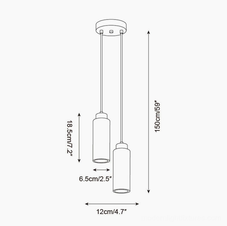 Tavolo dual head pendant light technical specification drawing 12cm span 150cm height