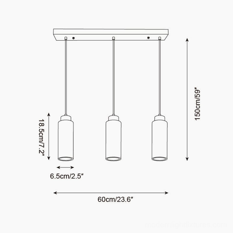 Tavolo three head linear pendant light technical drawing 60cm span dining table installation