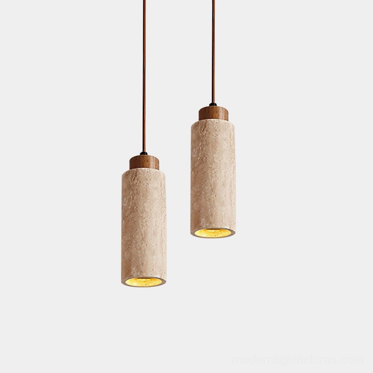 Tavolo travertine pendant light single head beige stone fixture front view minimalist design