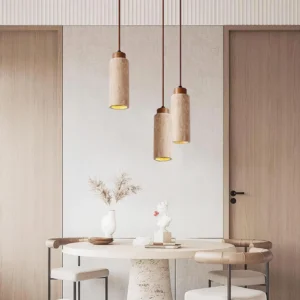 Tavolo dual head pendant lights above dining table warm neutral rustic interior design