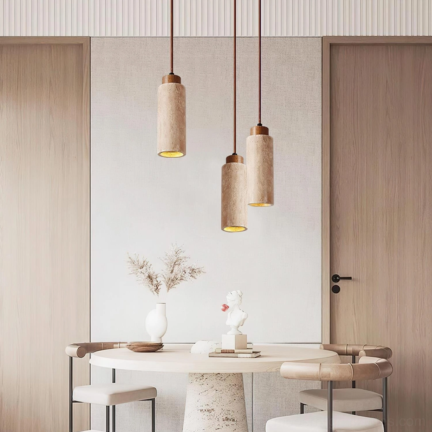 Tavolo dual head pendant lights above dining table warm neutral rustic interior design