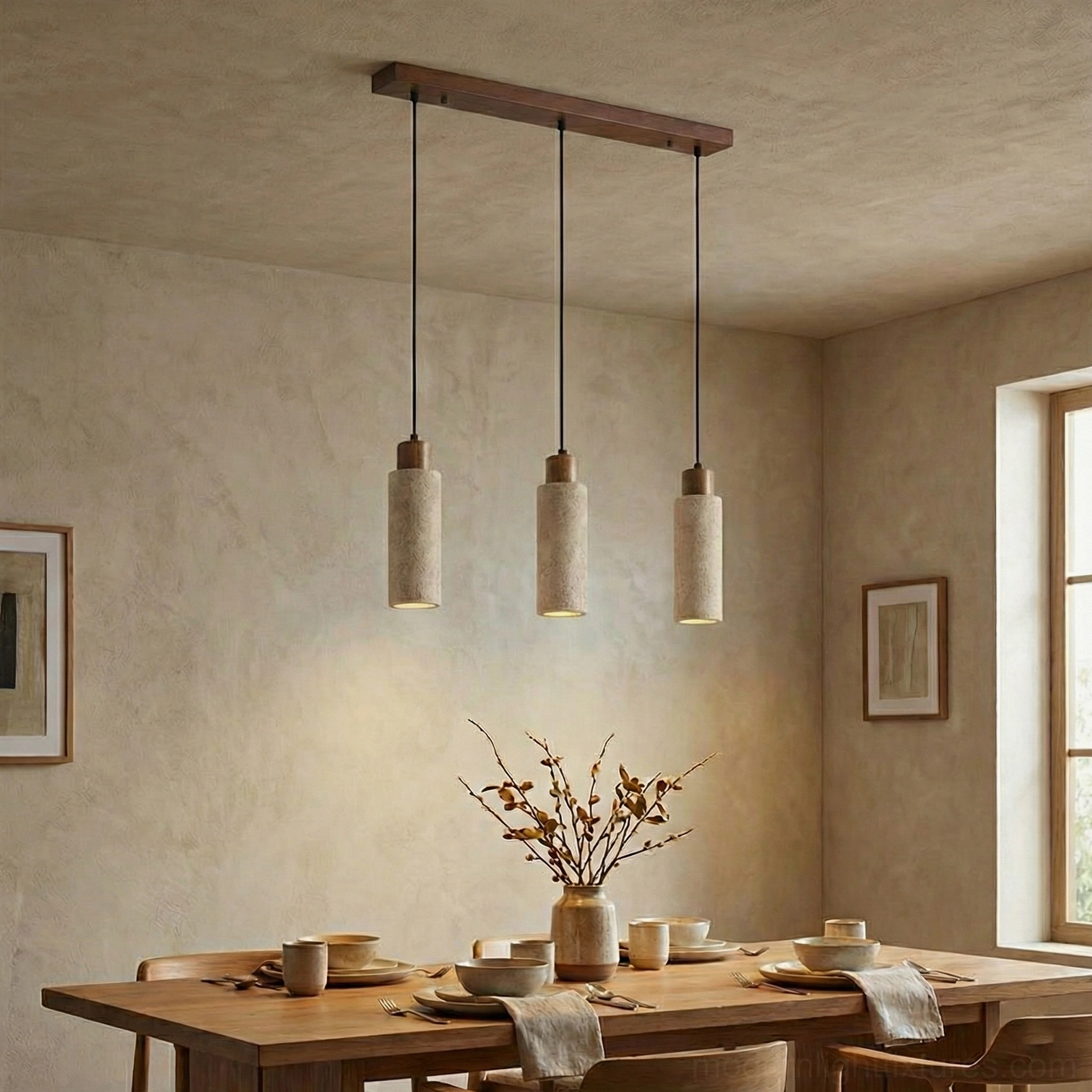 Tavolo travertine stone pendant light fixture perspective view interior design installation