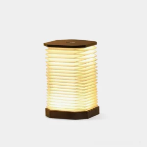 Tawa Fold accordion table lamp with hexagonal wooden base front view on white background