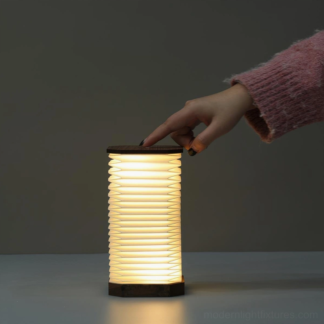 Tawa Fold accordion table lamp beech finish expanded showing adjustable pleated shade height
