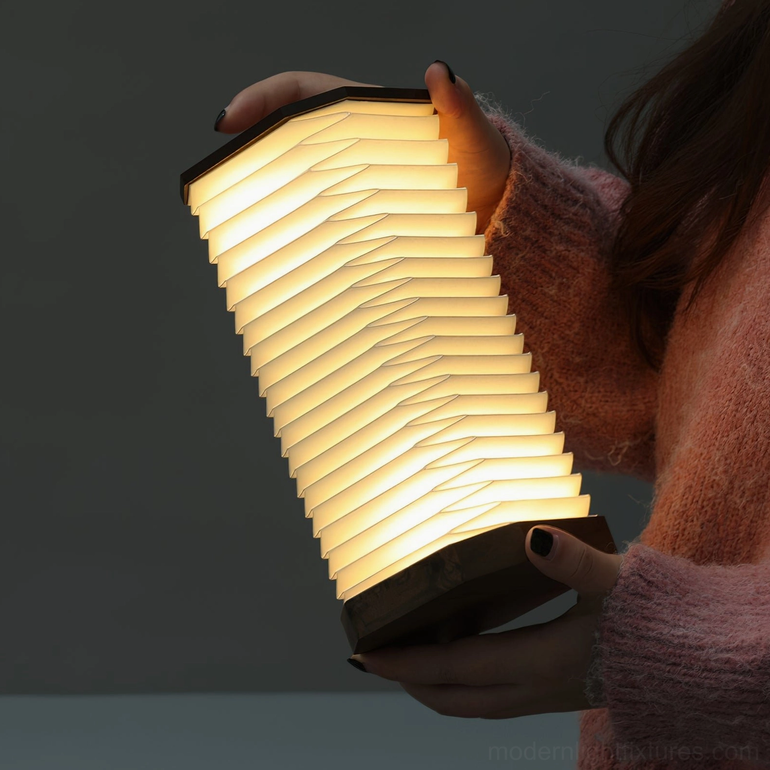 Tawa Fold wood color accordion table lamp natural honey tone hexagonal wooden base