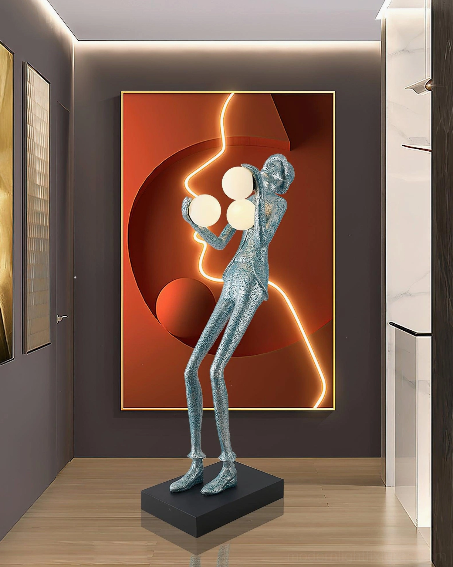 Teal blue textured resin humanoid sculpture floor lamp with two frosted glass orbs in modern art gallery hallway