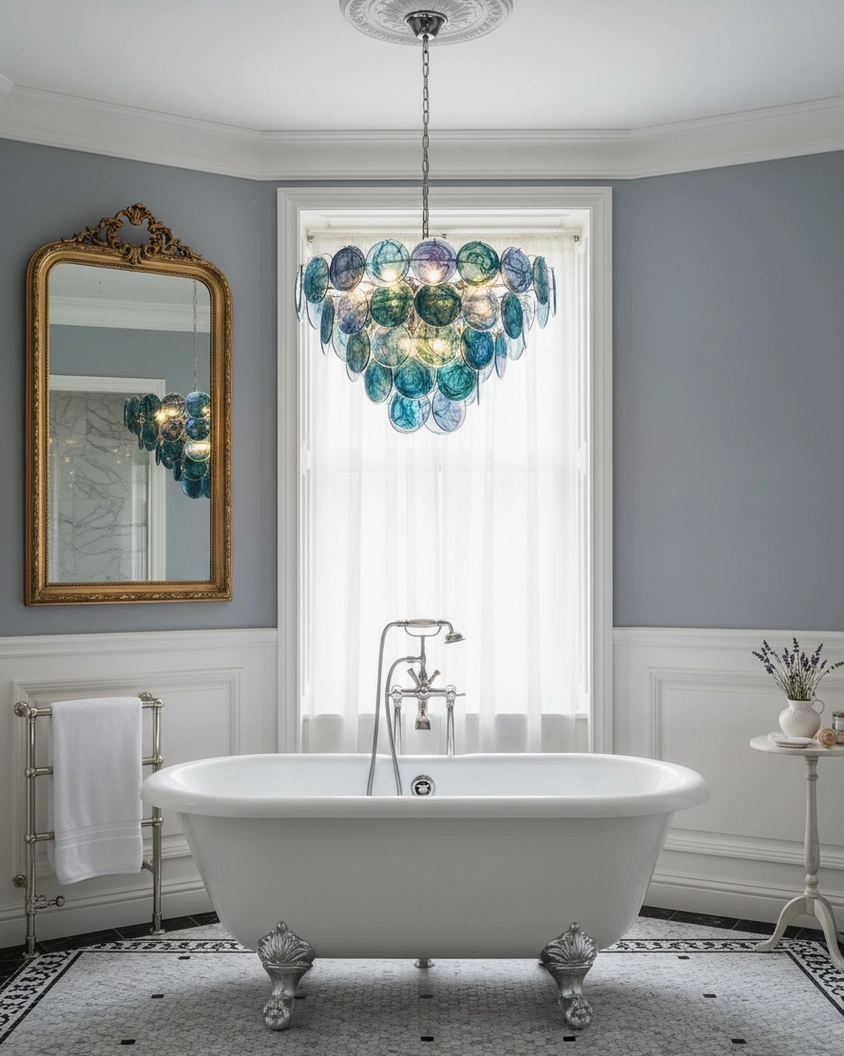 Teal translucent glass disc chandelier elegant bathroom lighting French style clawfoot tub