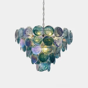 Hand-blown teal gradient glass disc chandelier front view studio professional lighting