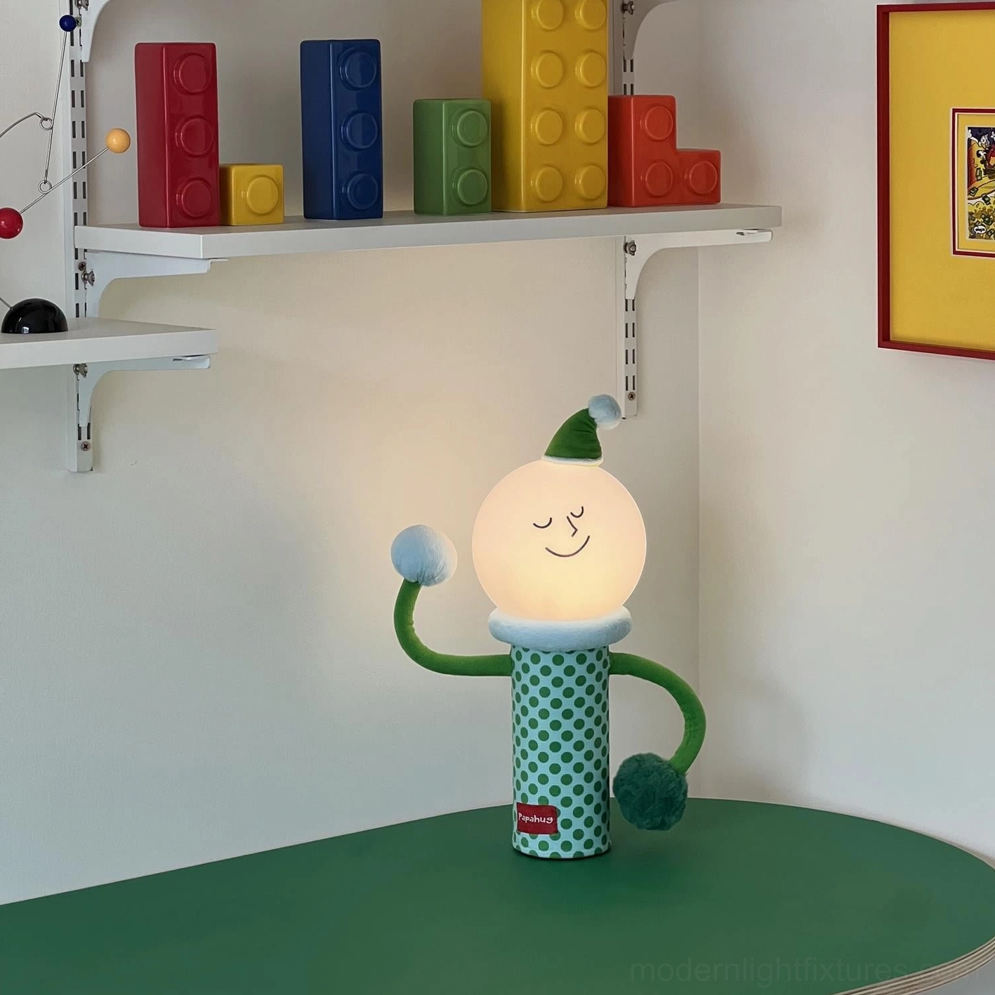 Teal polka dot variant character lamp playroom tabletop green arms poseable design