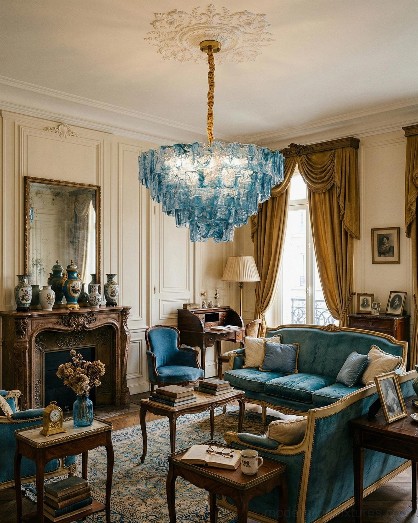Teal blue tiered glass chandelier in French traditional style living room with velvet sofa and classic fireplace, wide room view