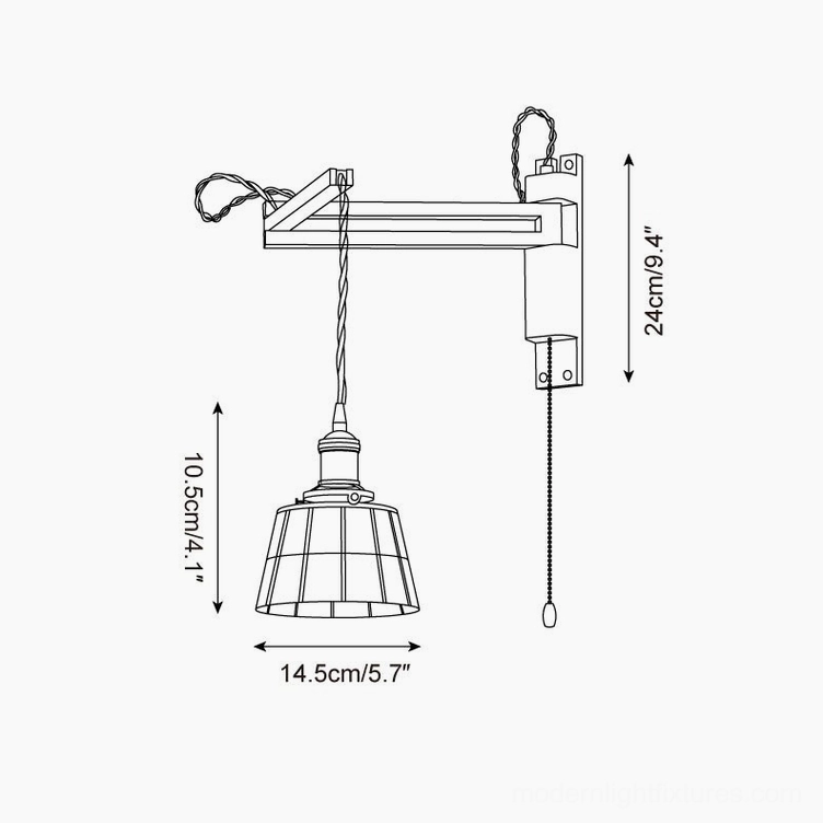 Wall sconce technical orthographic projection showing cone grid shade design with dimensions 14.5cm width and 10.5cm height, 24cm swing arm length specifications