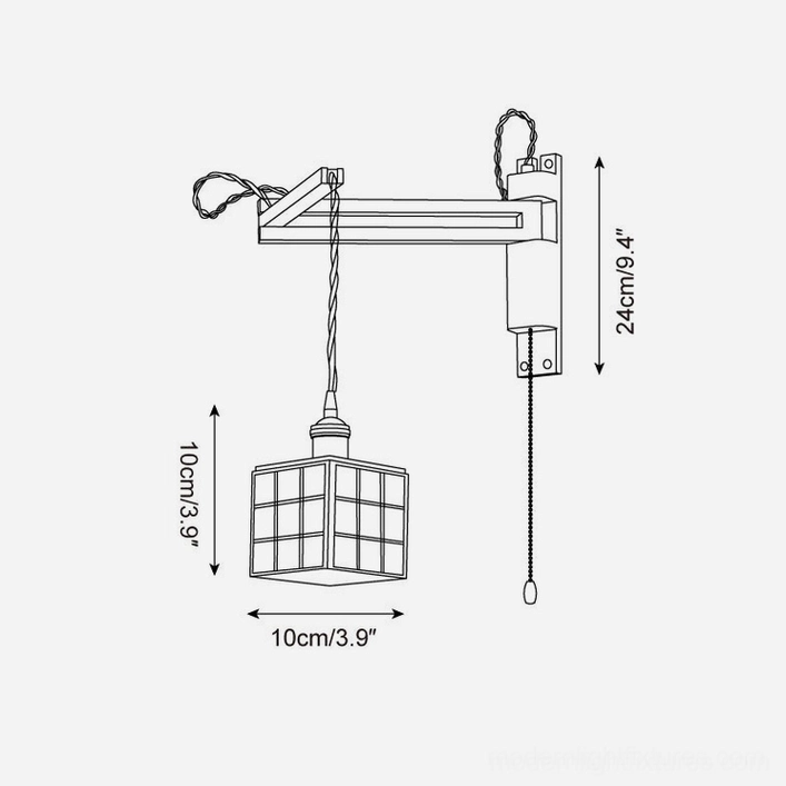Compact stained glass wall sconce technical projection with square grid shade, 10cm width and height model E specifications for intimate spaces and powder rooms