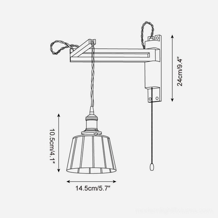 Swing arm wall sconce technical line drawing with trapezoid grid stained glass shade showing 14.5cm width and 10.5cm height dimensions and 24cm arm specifications