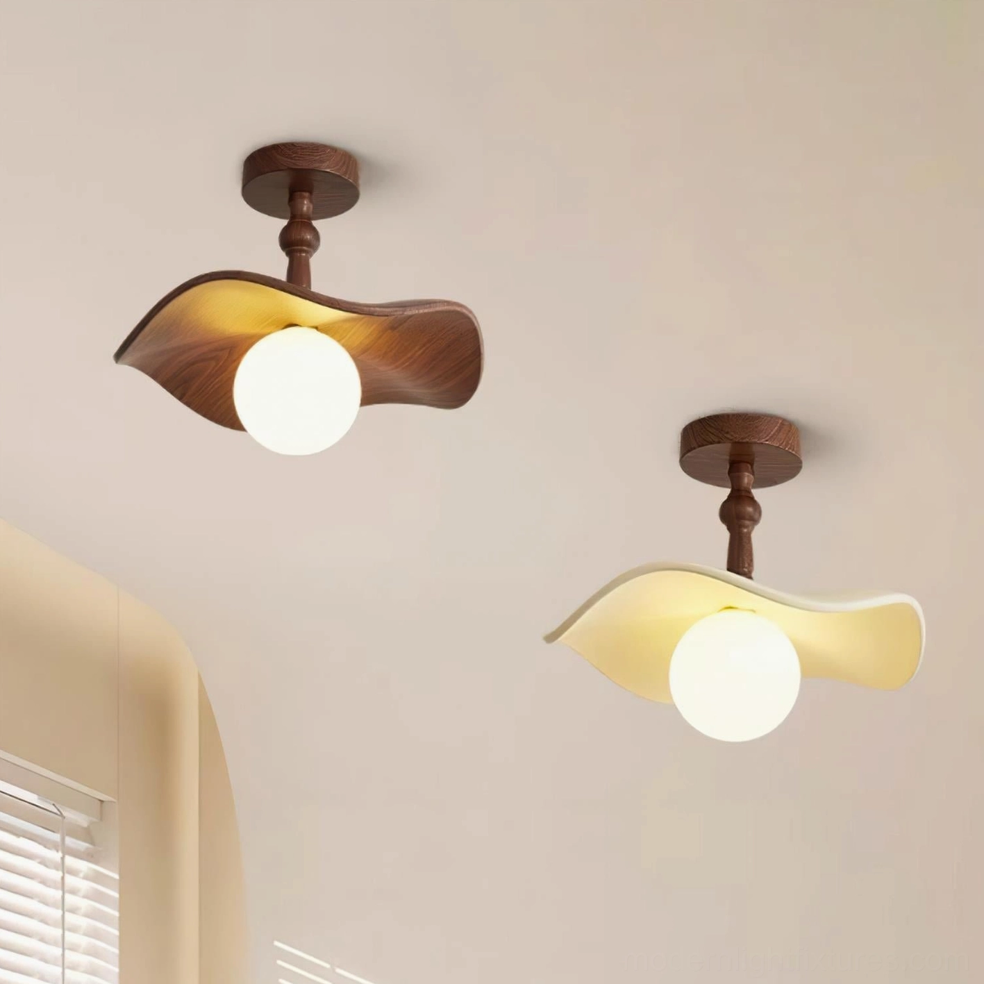 Two Teelin wavy ceiling lights in entryway - dual semi-flush fixtures - walnut and beige color variants - residential hallway lighting
