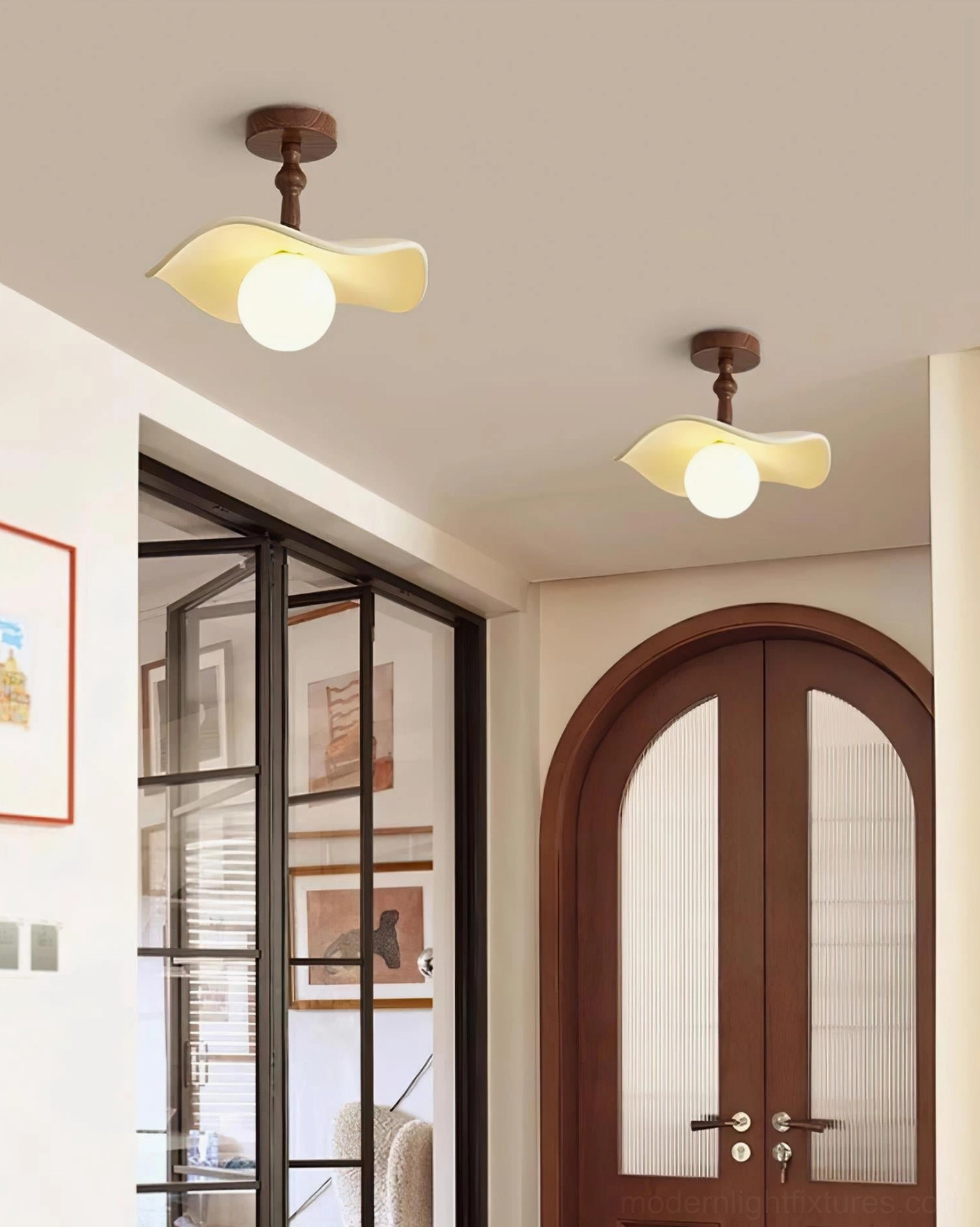 Two Teelin ceiling light fixtures in hallway - beige finish semi-flush design - contemporary residential lighting solution
