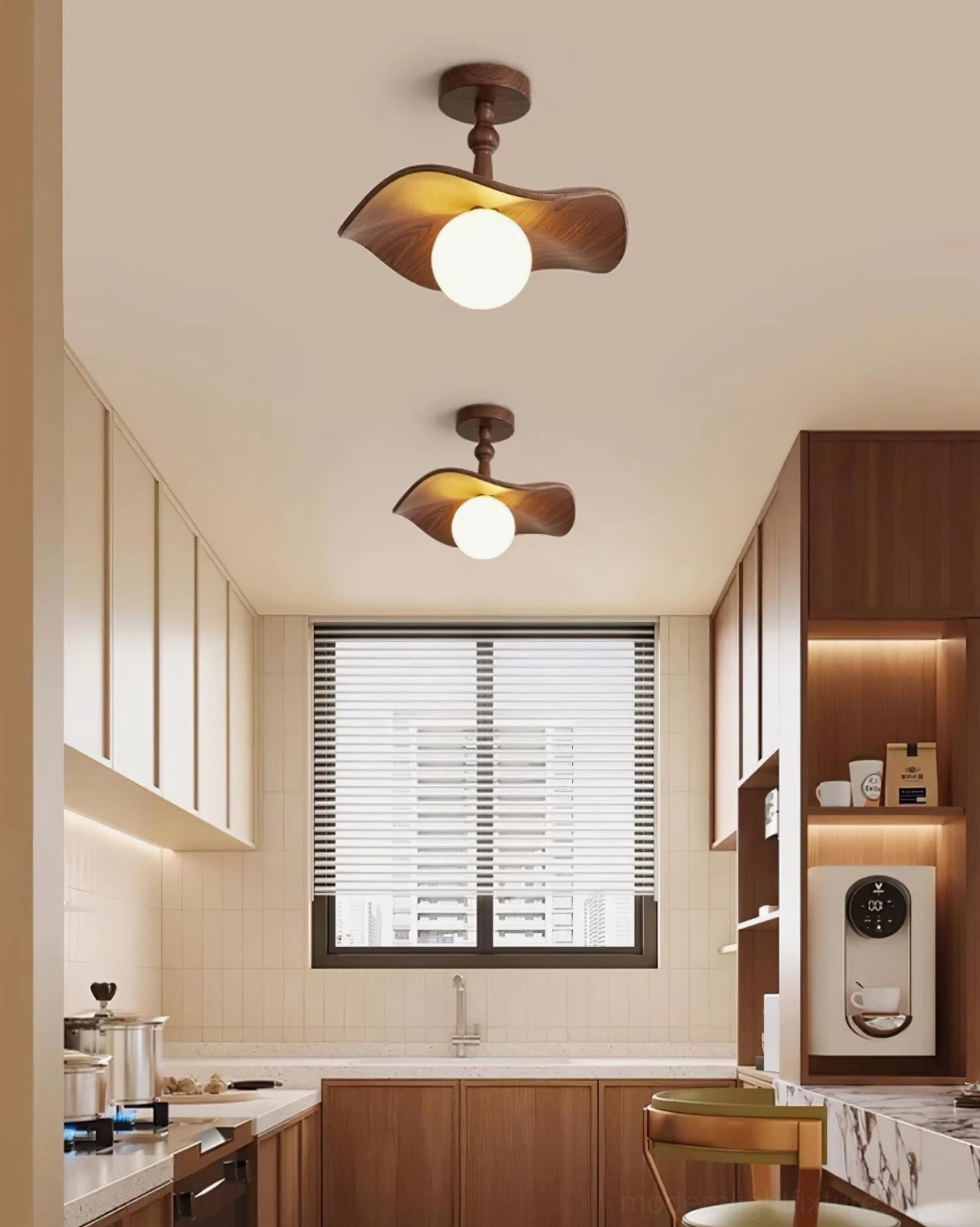 Teelin wavy wood ceiling lights in modern kitchen - two semi-flush fixtures mounted in row - warm wood tone interior design