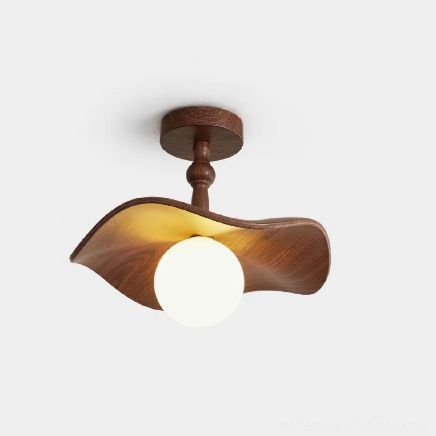 Teelin wavy wooden ceiling light - overhead fixture detail - frosted glass globe and turned wood canopy - sculptural design