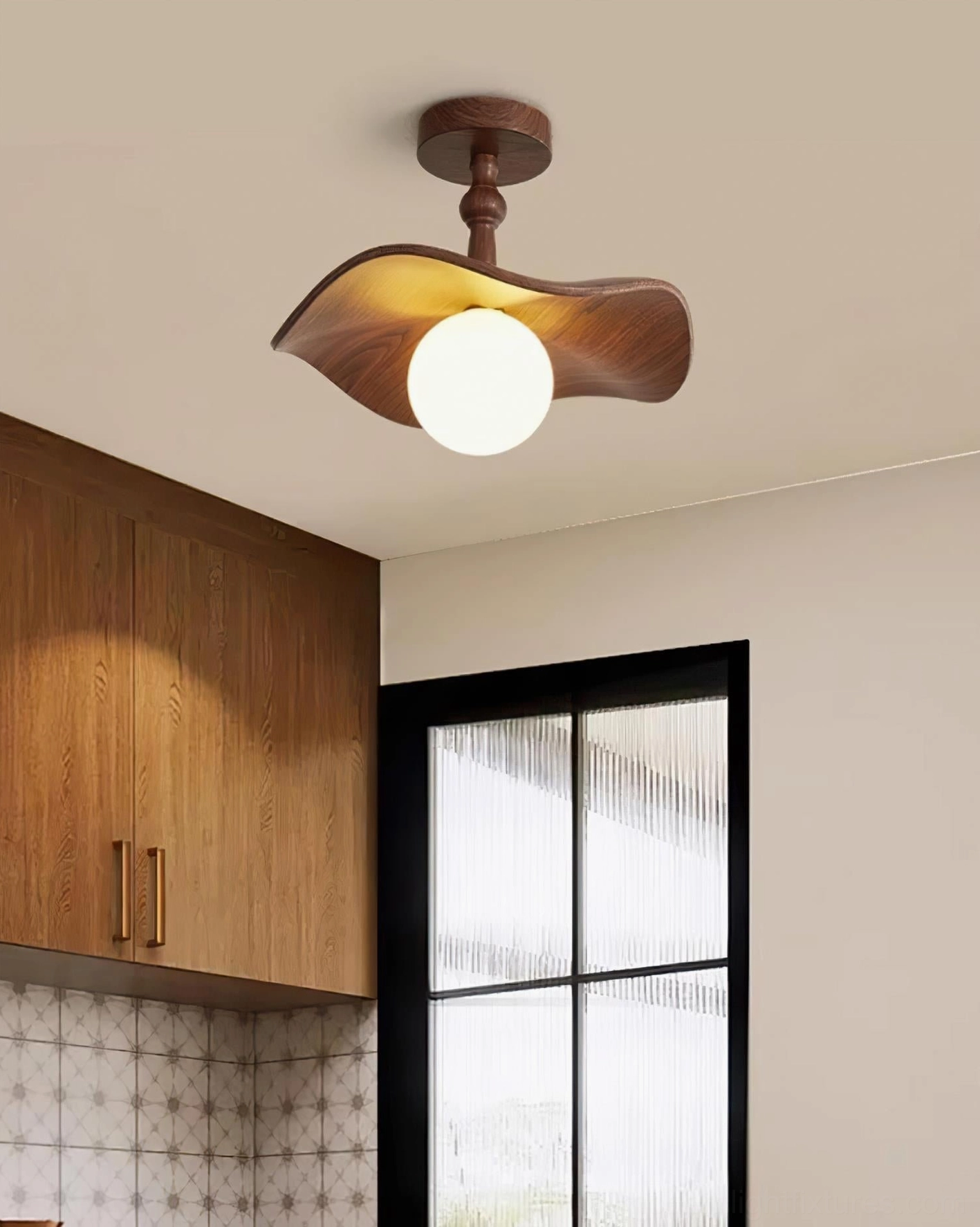 Teelin mid-century ceiling light in warm wood kitchen - semi-flush fixture above kitchen counter - retro home decor lighting