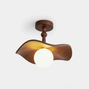 Teelin wavy wooden semi-flush ceiling light fixture with frosted glass globe - front overhead studio view - walnut finish mid-century modern design