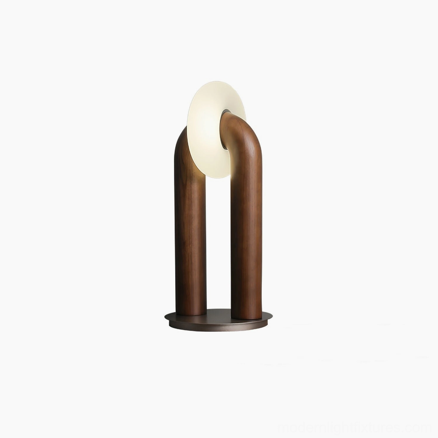 Teelo minimalist table lamp with frosted globe shade and curved wooden structure on tabletop display