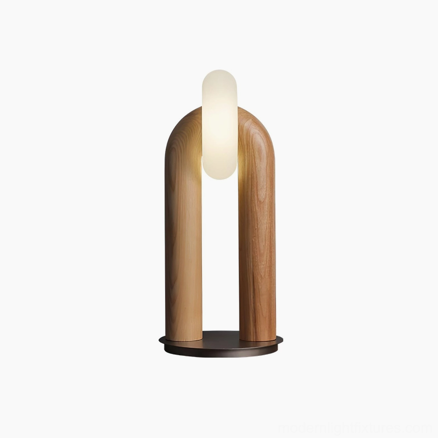 Teelo table lamp full product shot in natural wood color on neutral background, side profile view