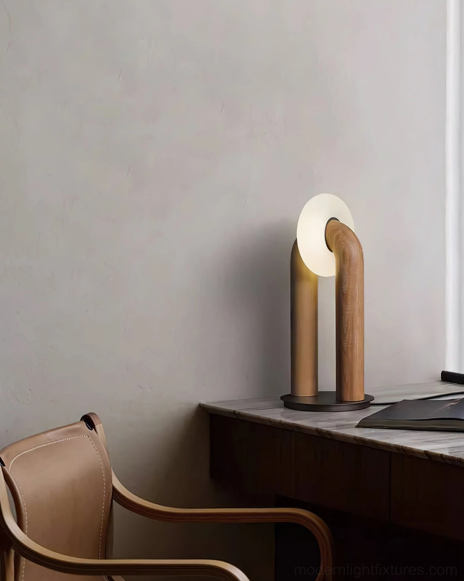 Teelo minimalist table lamp showcasing natural wood finish with contemporary frosted globe design detail