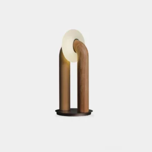 Teelo minimalist table lamp with natural wood base and frosted globe shade on white background, front view